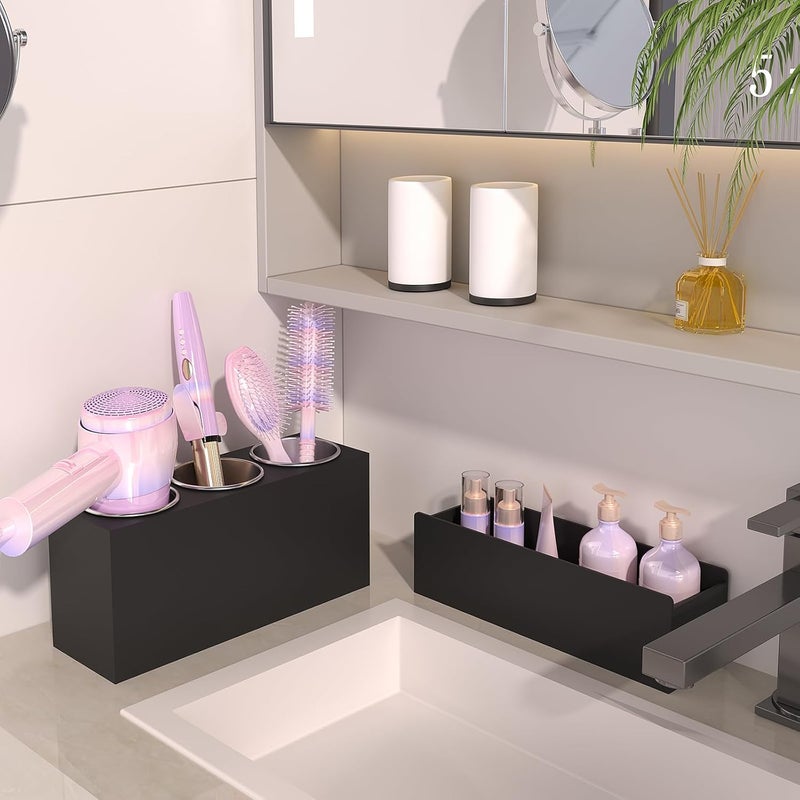 PITBVO Hair Tool Organizer, Detachable Acrylic Hair Dryer Holder for Bathroom, Hair Styling Accessories Curling Iron Hot Tools Organizer with 3 Cups, Countertop Vanity Storage (Matte Black) - Image 3